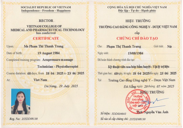 Diplôme massage acupression physiothérapie - Pham Thi Thanh Trang