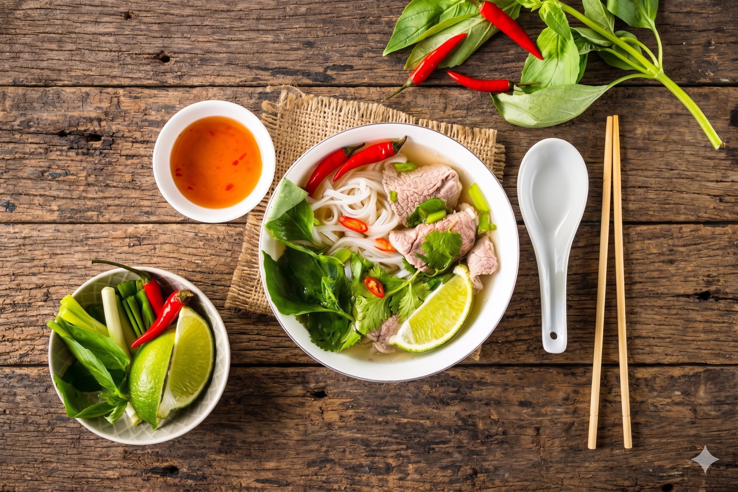 Phở Bò — présentation traditionnelle vietnamienne vue de dessus