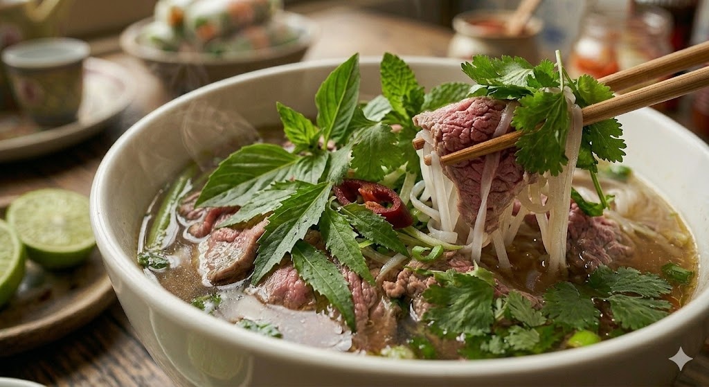 Phở Bò — vue rapprochée, herbes fraîches et viande fondante
